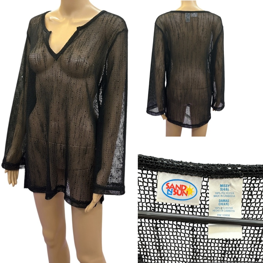 Sand N Sun Black Mesh Sequined Slit V Neck Beach Pullover Cover Up Womens Small - Picture 2 of 9